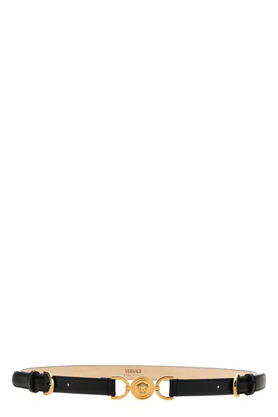 Versace Medusa 95 Skinny Leather Belt In Black