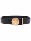 Versace Medusa Streamlined Leather Belt With Adjustable Length And Gold-tone Buckle In Black  