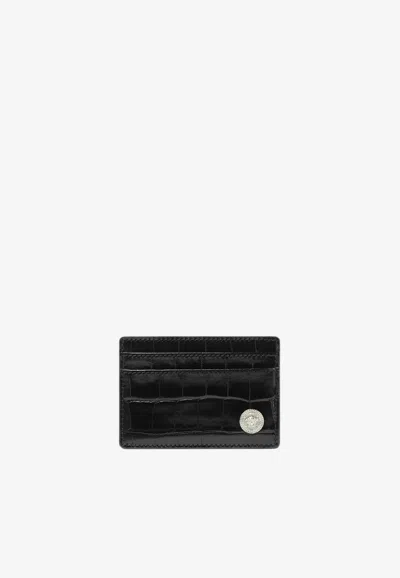 Versace Medusa Biggie Cardholder In Croc-embossed Leather In Black