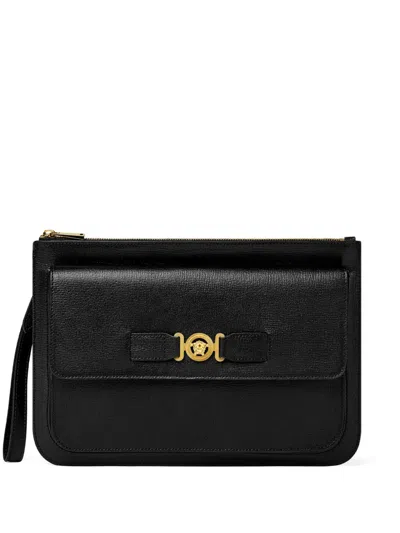 Versace Mini Leather Clutch Handbag With Medusa Detail In Black