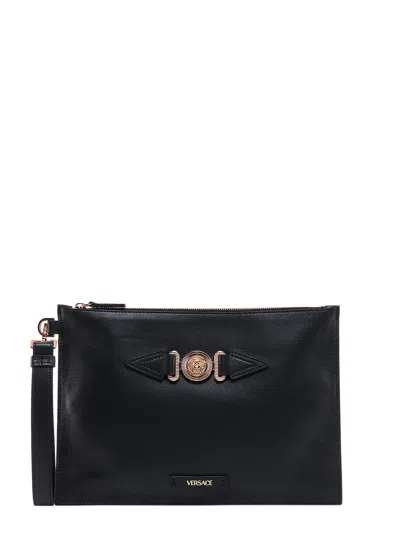 Versace Medusa Logo Leather Clutch In Negro