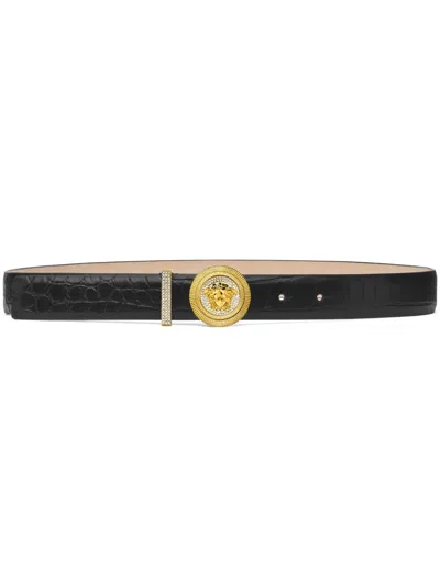 Versace Medusa Biggie Crocodile-embossed Belt In Black