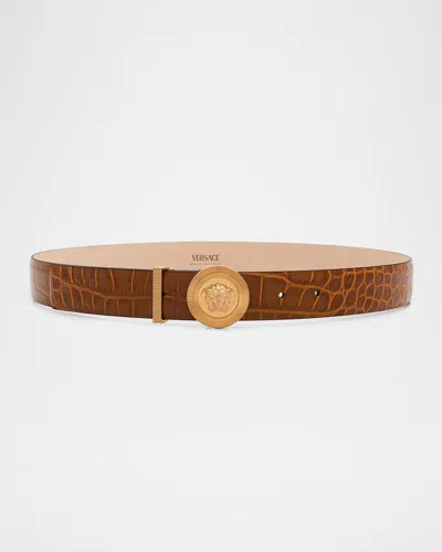 Versace Medusa Biggie Croc-embossed Leather Belt In Light Brown