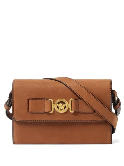 Versace Medusa Biggie Nabuck Messenger Bag In Brown