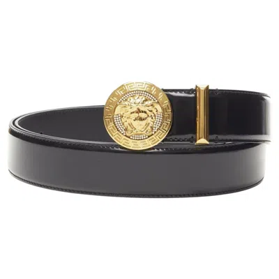Pre-owned Versace Medusa Biggie Crystal Gold Medallion Coin Leather Belt 115cm 44-48" In Black