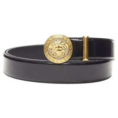 VERSACE MEDUSA BIGGIE CRYSTAL GOLD MEDALLION COIN LEATHER BELT