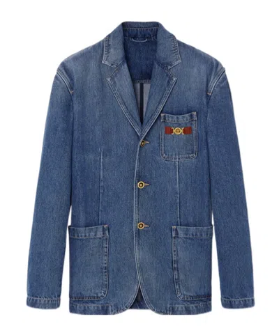 VERSACE VERSACE LOGO APPLIQUE DENIM BLAZER