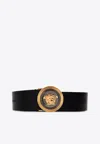 Versace Medusa Streamlined Leather Belt With Adjustable Length And Gold-tone Buckle In Black