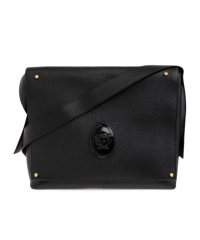 Versace Medusa Biggie Leather Messenger Bag In Black