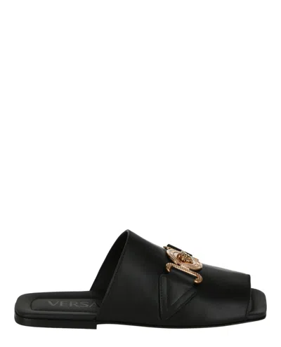 Versace Medusa Biggie Leather Slide Sandals In Black