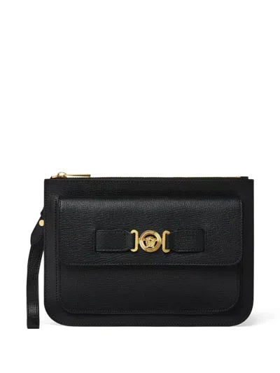 Versace Mini Leather Clutch Handbag With Medusa Detail In Black
