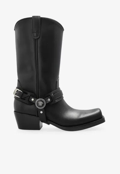 Versace Medusa Biggie Mid-calf Leather Boots In Black