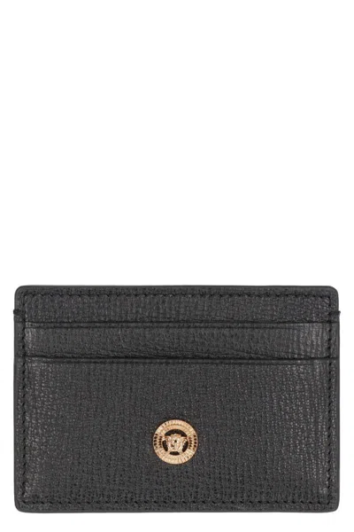 Versace Medusa Biggie Pebbled Calfskin Card Holder In Black
