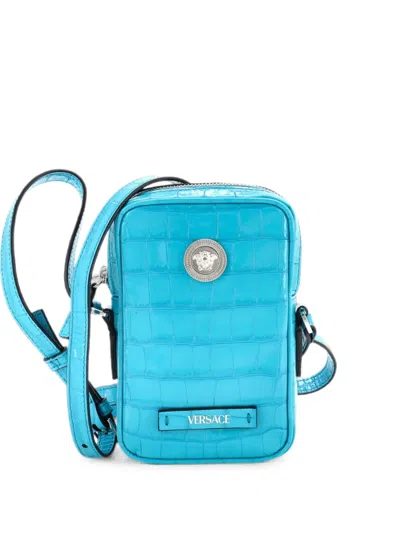Pre-owned Versace Medusa Biggie Pouch Crocodile Embossed Leather Micro Crossbody Bag In Blue