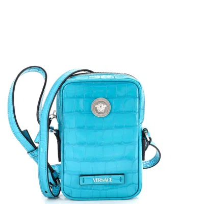 Versace Medusa Biggie Pouch Crossbody Bag Crocodile Embossed Leather Micro In Blue