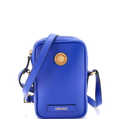 Versace Medusa Biggie Pouch Crossbody Bag Leather Micro In Blue