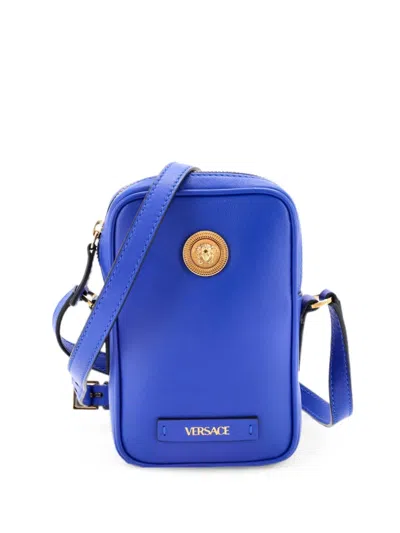 Pre-owned Versace Medusa Biggie Pouch Leather Micro Crossbody Bag In Blue