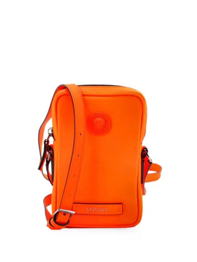Pre-owned Versace Medusa Biggie Pouch Leather Micro Crossbody Bag In Orange