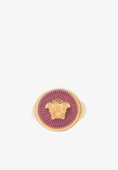 Versace Medusa Thick Enamel Ring In Gold,pink