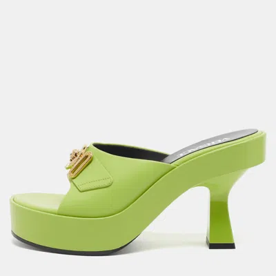 Pre-owned Versace Medusa Biggie Size 37.5 Lime Green Leather Platform Mules