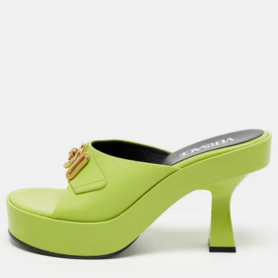 Pre-owned Versace Medusa Biggie Size 38.5 Lime Green Leather Platform Sandals