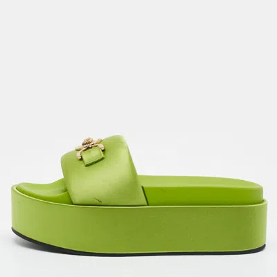 Pre-owned Versace Medusa Biggie Size 39.5 Green Satin Platform Slide Sandals