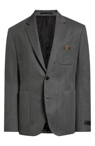 Versace Medusa Biggie Wool Herringbone Sport Coat In Grey Black