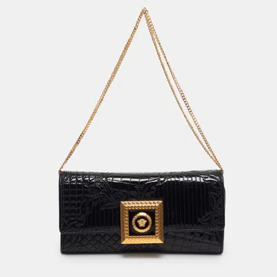 Pre-owned Versace Medusa Black Barocco Patent Leather Wallet On Chain