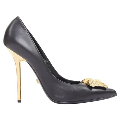 Pre-owned Versace Medusa Black Gold Emblem Metal Heel Pump Eu38 Lady Gaga