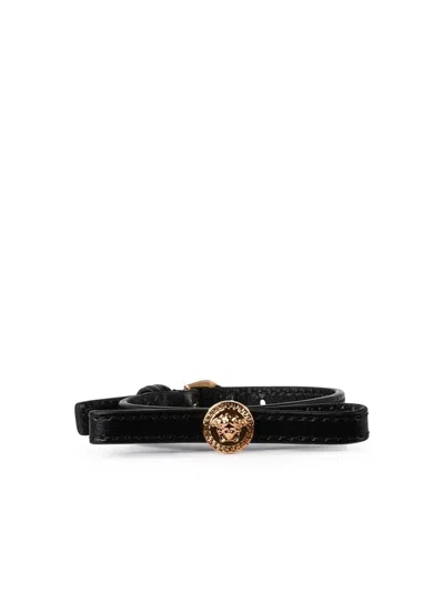 Versace Leather Bracelet Adjustable Textured Finish In Black