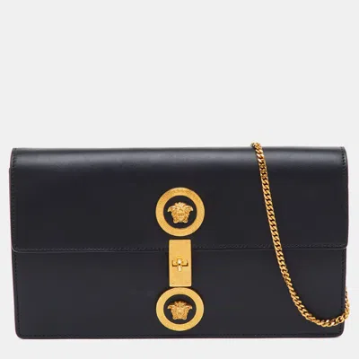 Pre-owned Versace Medusa Black Leather Flap Chain Shoulder Bag