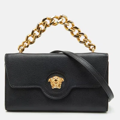 Pre-owned Versace Medusa Black Leather Flap Wallet On Strap