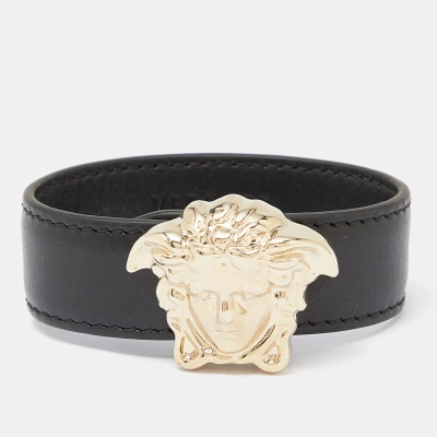 Pre-owned Versace Medusa Black Leather Gold Tone Bracelet