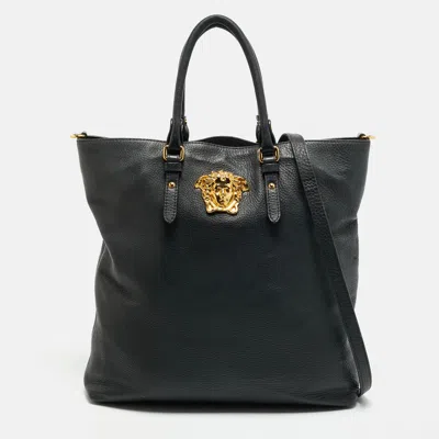 Pre-owned Versace Medusa Black Leather Vertical Open Tote
