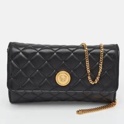 Pre-owned Versace Medusa Black Quilted Leather Chain Clutch