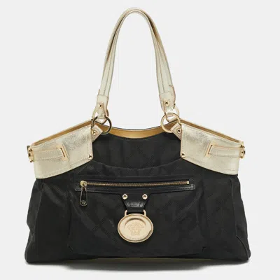 Pre-owned Versace Medusa Black/gold Signature Nylon And Leather Zip Tote