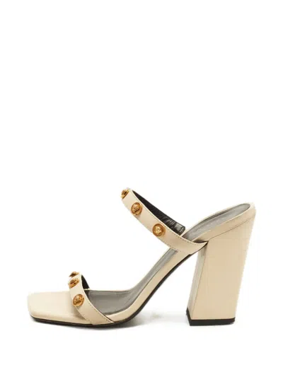Pre-owned Versace Medusa Block Heel Sandals In Neutrals