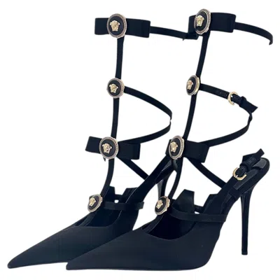 Pre-owned Versace Medusa Bow Caged Gladiator Strappy Slingback Pointed Toe Pumps 40 In Black