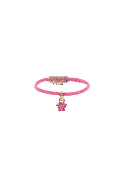 Versace Leather Crystal-embellished Bracelet In Pink