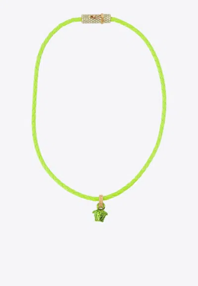 Versace Medusa Braided Leather Necklace In Green