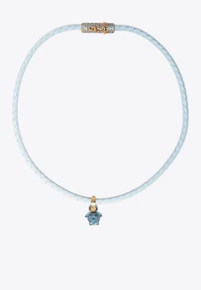 Versace Medusa Braided Leather Necklace In Light Blue