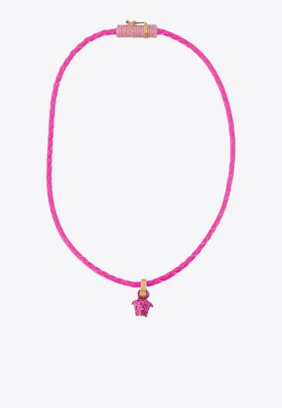 Versace Medusa Braided Leather Necklace In Pink