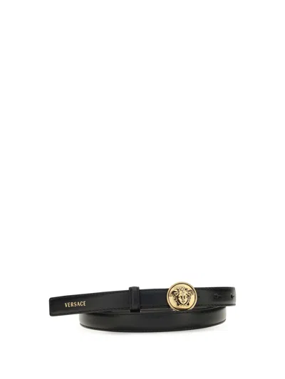 Versace Medusa Buckle Calf Leather Belt In Black