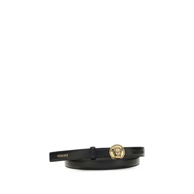Versace Medusa Buckle Calf Leather Belt In Black