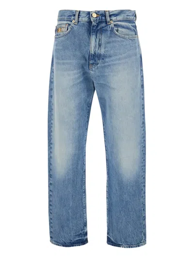 Versace Straight-leg Denim Look Trousers With Metallic Emblem In Blue