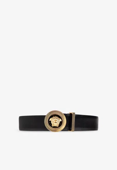Versace Medusa Buckle Leather Belt In Black