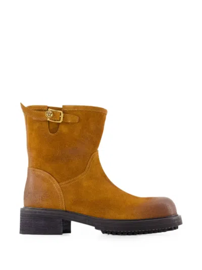 Versace Medusa Buckled Suede Ankle Boots In Brown