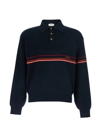 Versace Medusa Button Cotton Shirt With Embroidered Logo, Long Sleeves, Three-button Closure, Ribbed In Blu