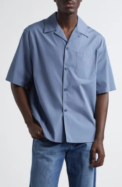 Versace Medusa Cameo Camp Shirt In Stone Blue Met Dark Grey