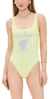 Versace Yellow One-piece Swimsuit With Medusa Print And Logo Lettering On The Front In Pale Yellow/dusty Lavender
